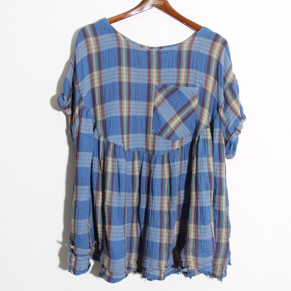 Free People We The Free Blue Combo Moon City Plaid Top Cotton Size Medium - Picture 2 of 16
